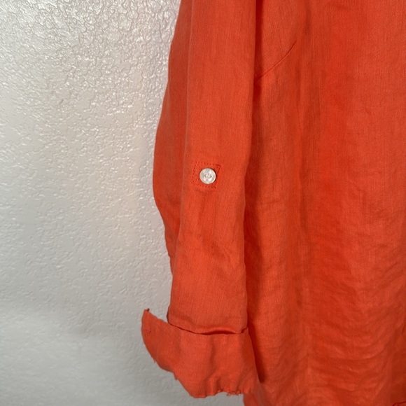 Sigrid Olsen Orange Linen Top Roll Tab Sleeves Mother of Pearl Button Down 2XL - Picture 3 of 7